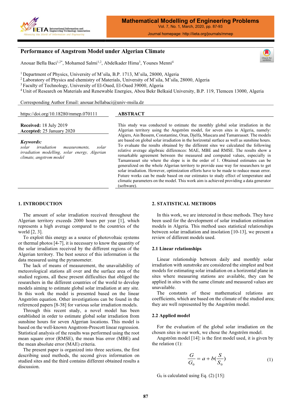 Performance of Angstrom Model Under Algerian Climate