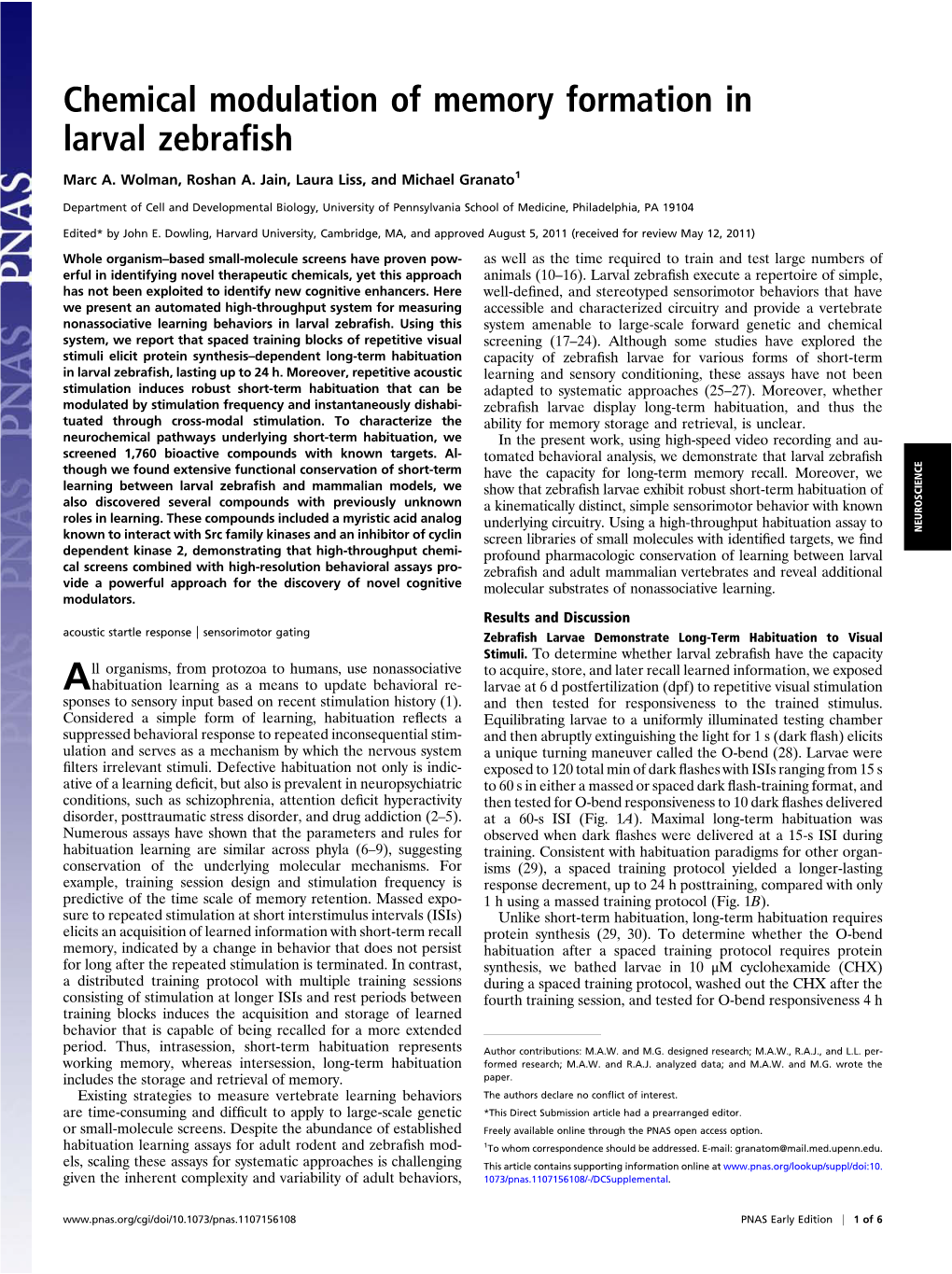 Chemical Modulation of Memory Formation in Larval Zebrafish