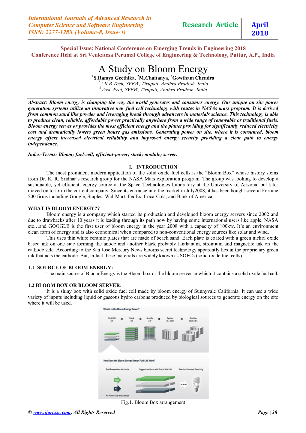 A Study on Bloom Energy 1S.Ramya Geethika, 2M.Chaitanya, 3Gowtham Chendra 1, 2 II B.Tech, SVEW, Tirupati, Andhra Pradesh, India 3 Asst