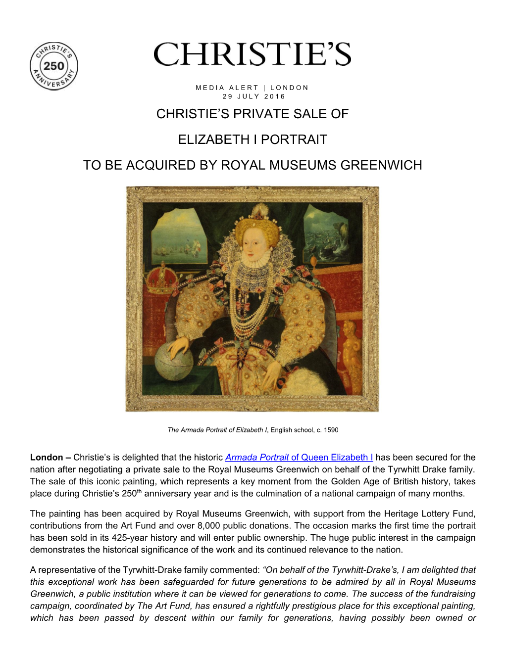 Christie's Private Sale of Elizabeth I Portrait to Be