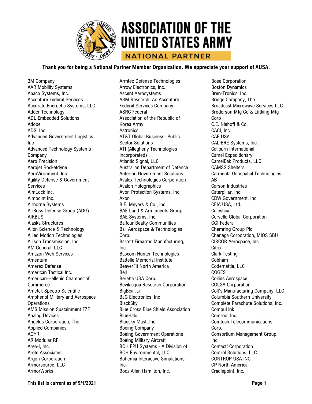 Thank You for Being a National Partner Member Organization. We Appreciate Your Support of AUSA