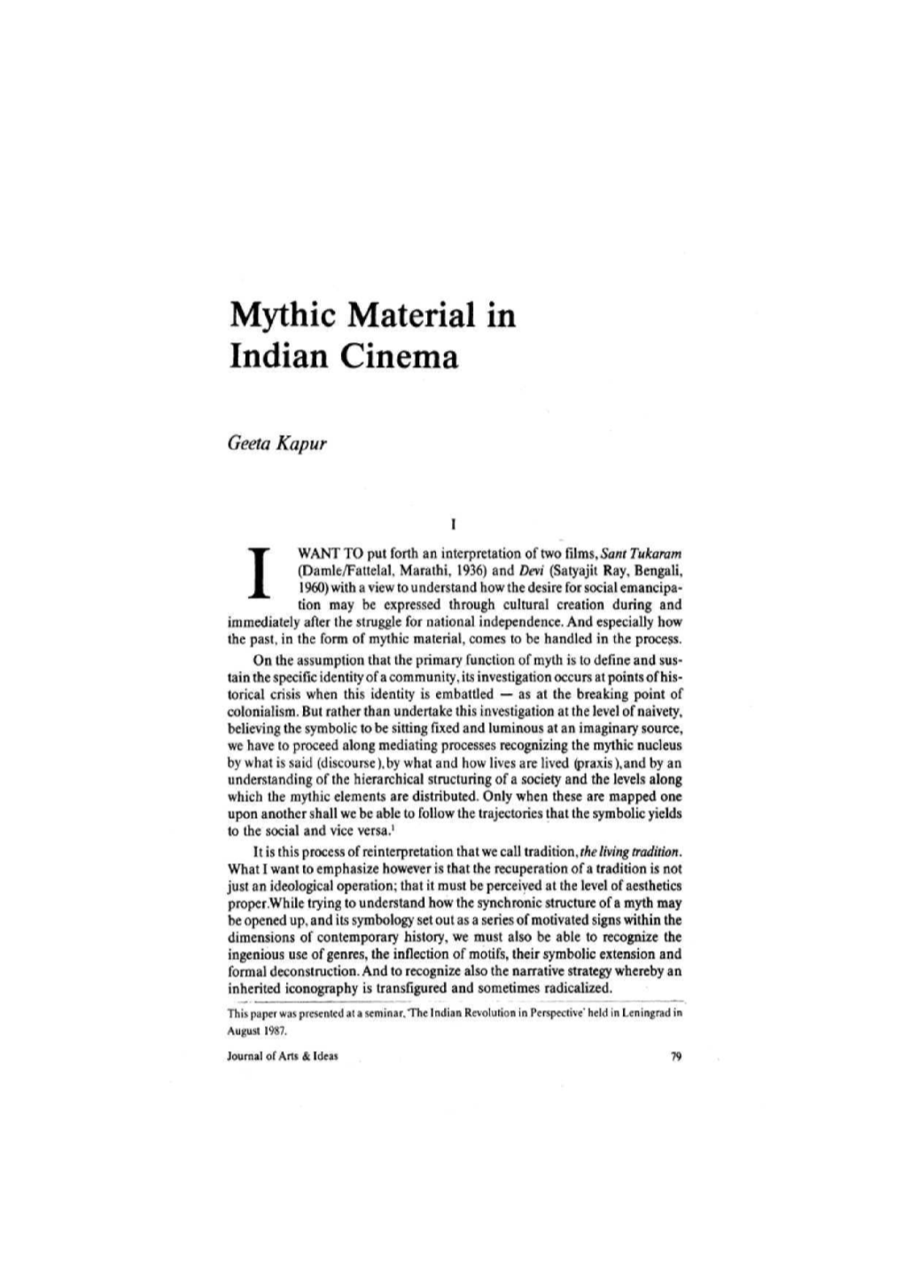 Mythic Material in Indian Cinema