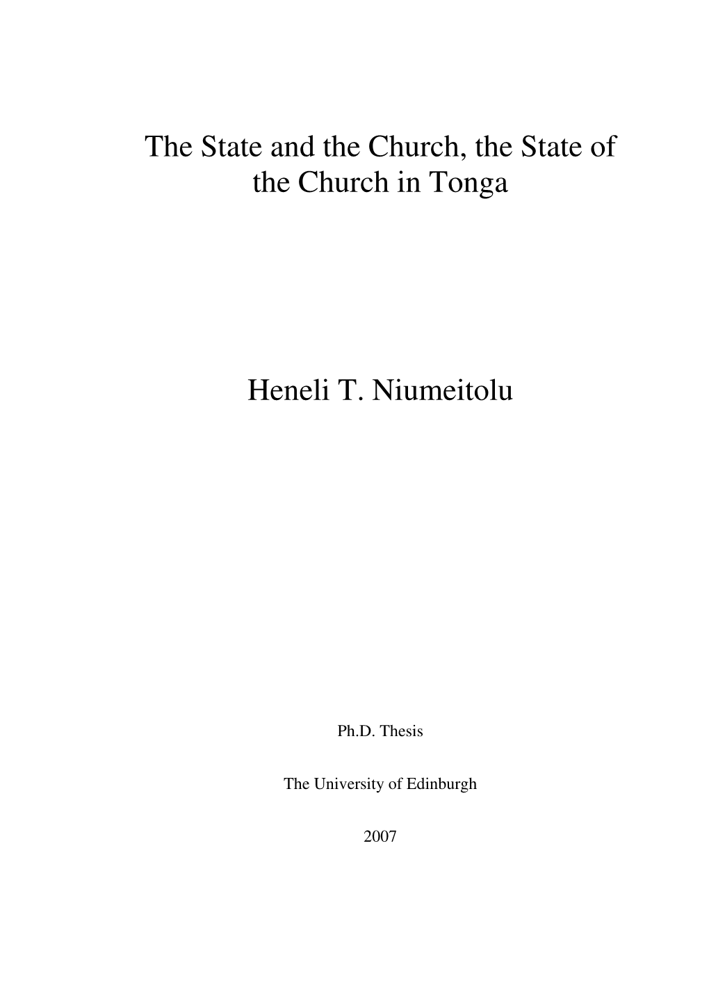 The State and the Church, the State of the Church in Tonga Heneli T