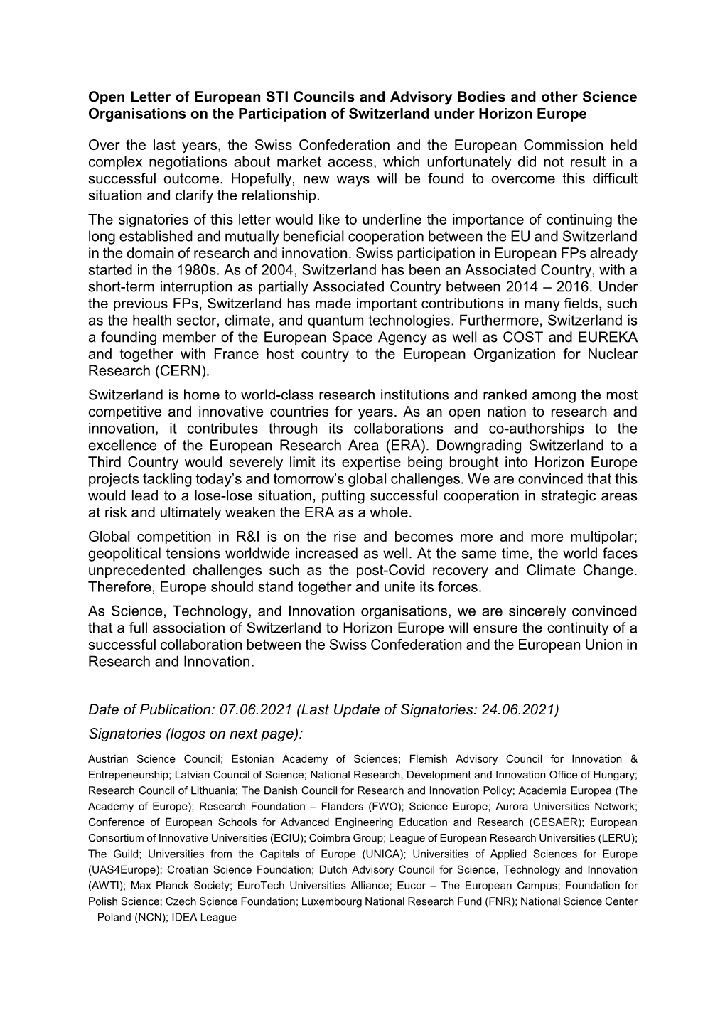 Open Letter of European STI Councils and Advisory Bodies and Other Science Organisations on the Participation of Switzerland Under Horizon Europe