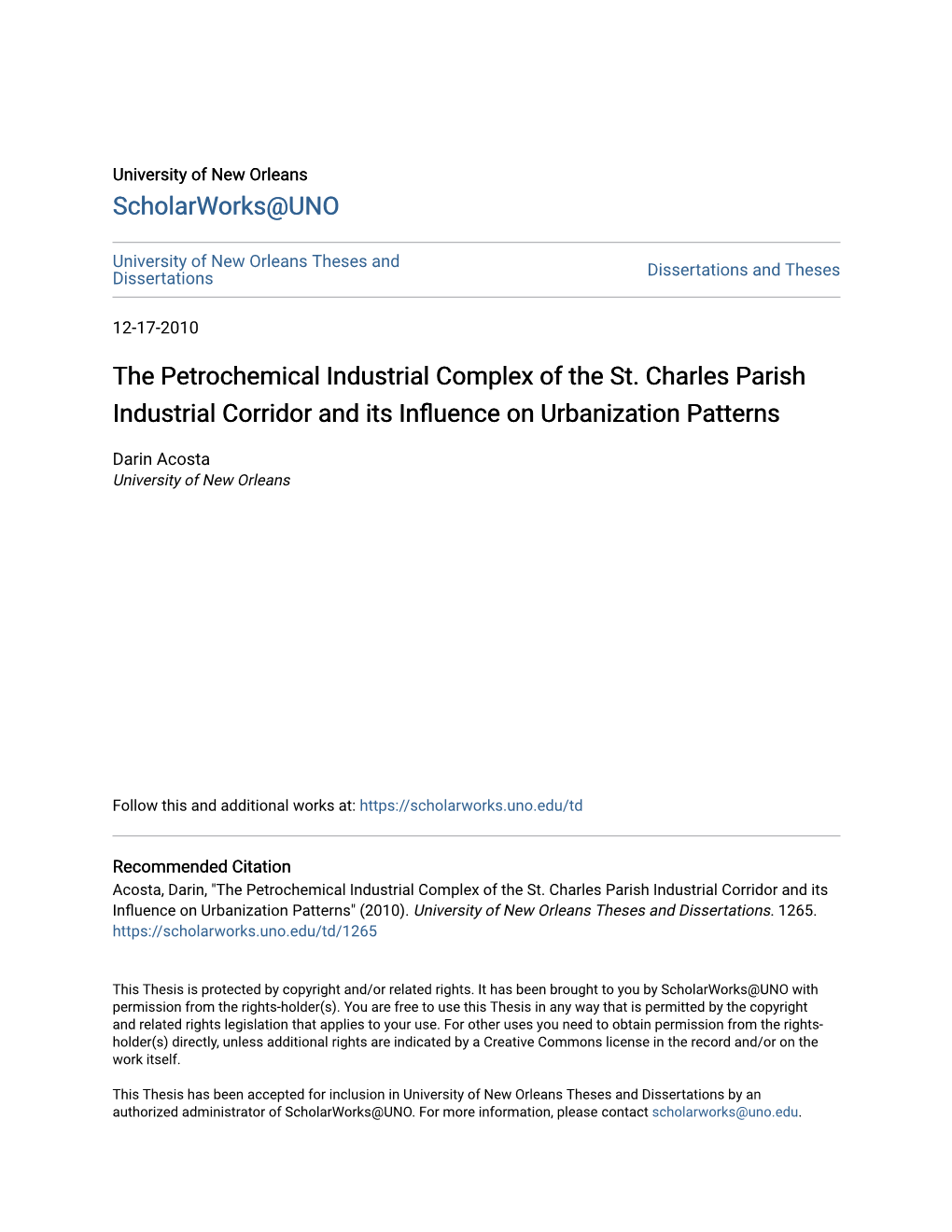 The Petrochemical Industrial Complex of the St. Charles Parish Industrial Corridor and Its Influence on Urbanization Atternsp
