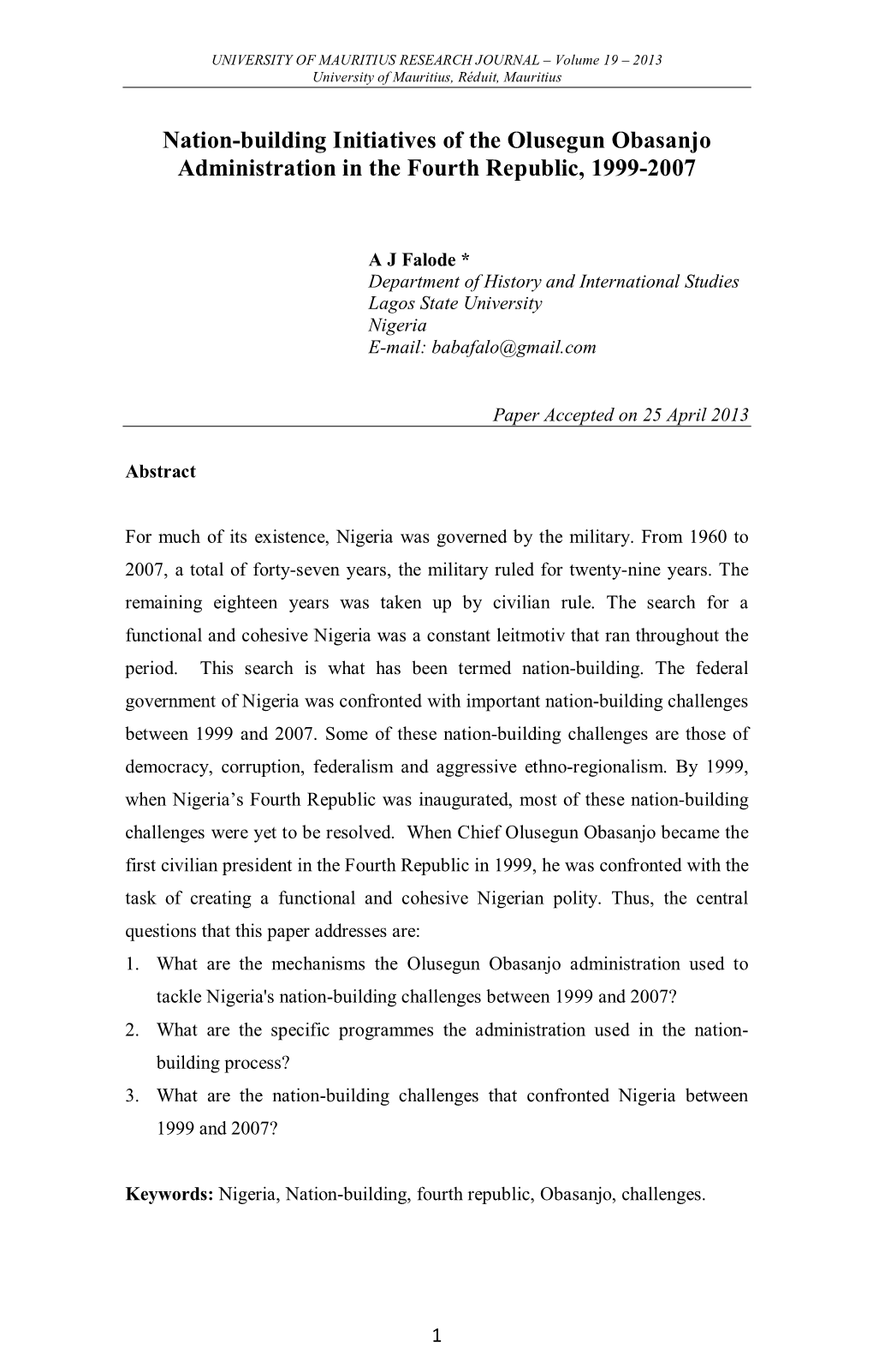 Nation-Building Initiatives of the Olusegun Obasanjo Administration in the Fourth Republic, 1999-2007