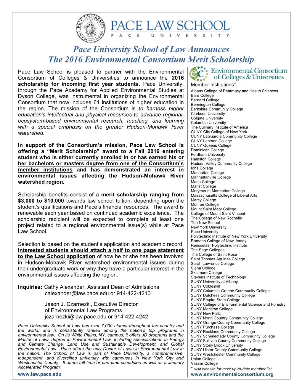 Pace University School of Law Announces the 2016 Environmental Consortium Merit Scholarship