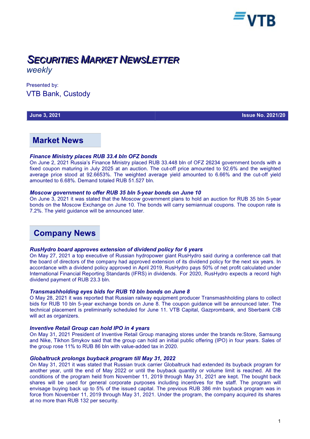 Market News Company News SECURITIES MARKET NEWS LETTER Weekly