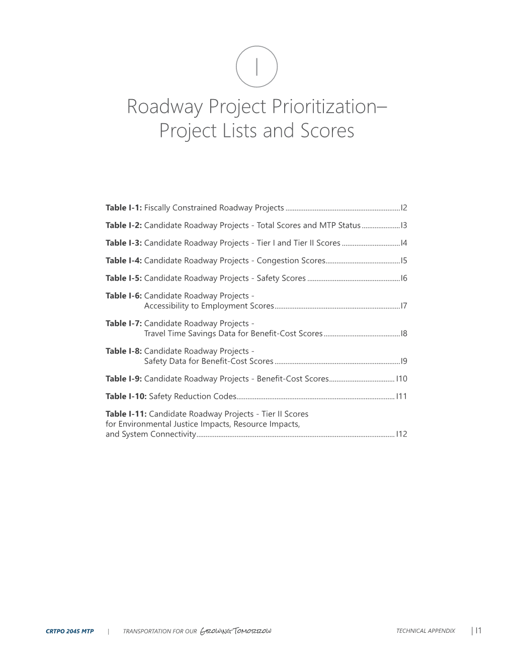 Roadway Project Prioritization– Project Lists and Scores