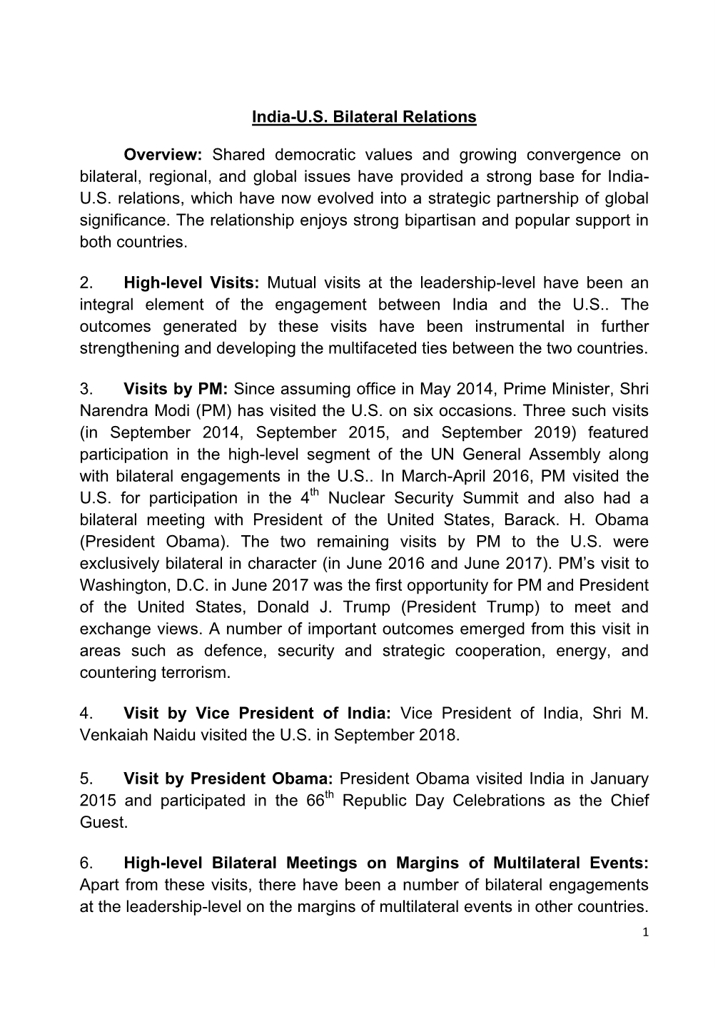 India-US Bilateral Relations Overview