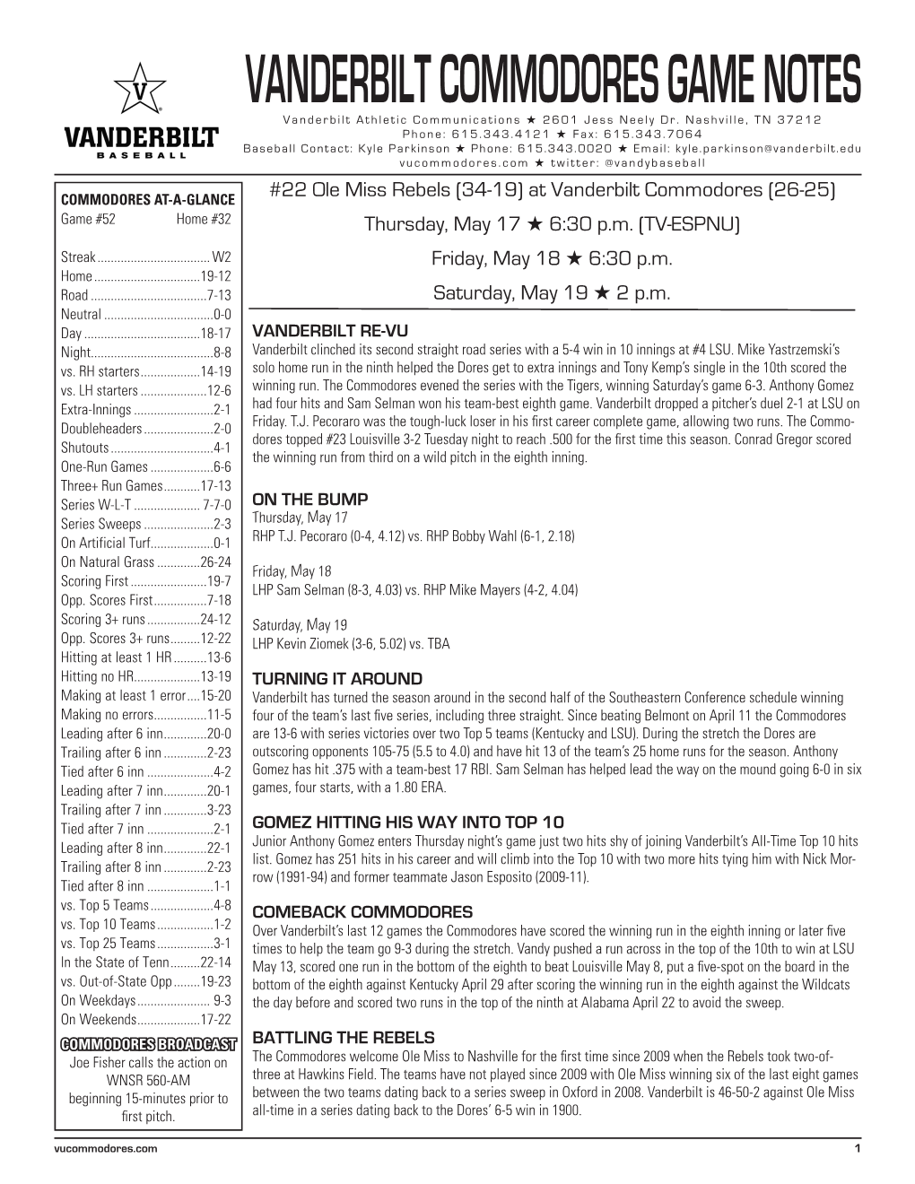 VANDERBILT COMMODORES GAME NOTES Vanderbilt Athletic Communications H 2601 Jess Neely Dr