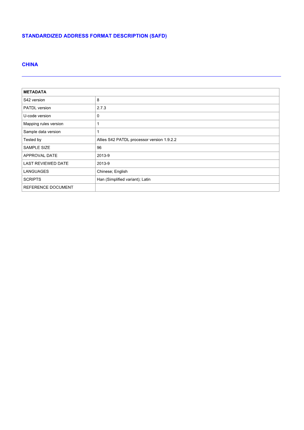 Standardized Address Format Description (Safd) China