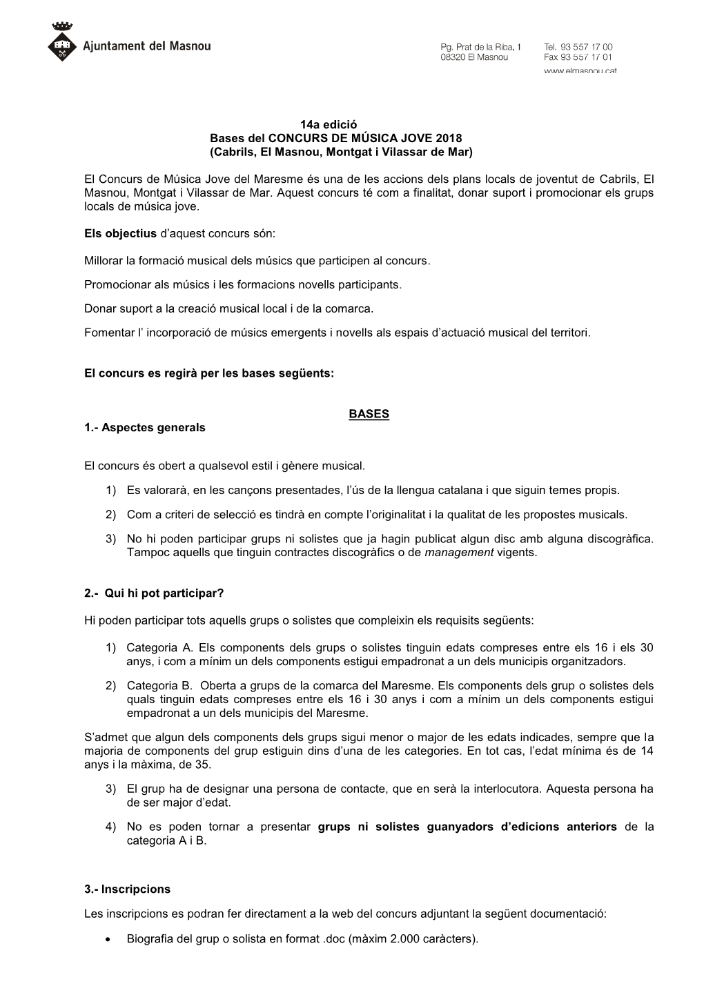 14A Edició Bases Del CONCURS DE MÚSICA JOVE 2018 (Cabrils, El Masnou, Montgat I Vilassar De Mar) El Concurs De Música Jove De