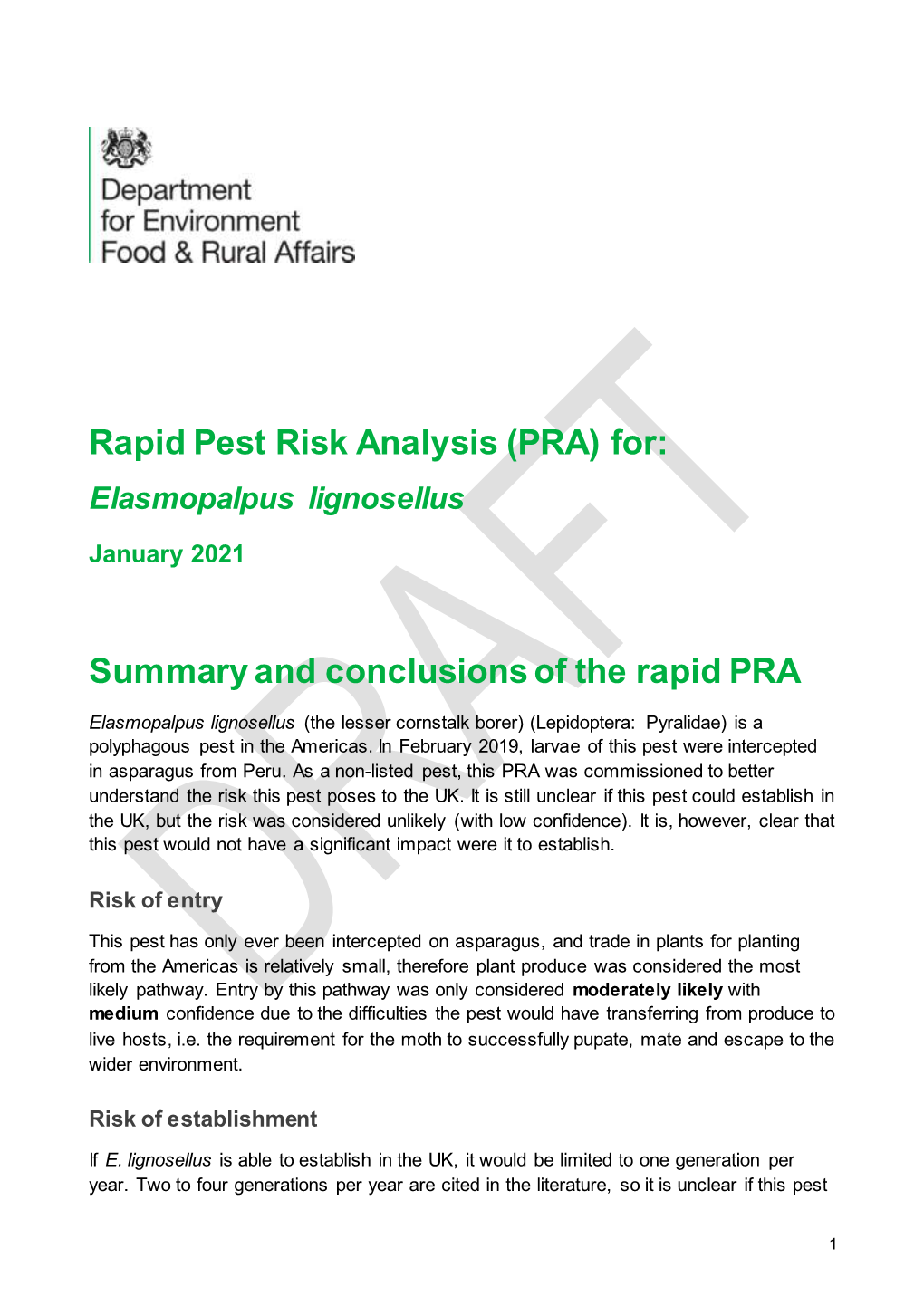 Rapid Pest Risk Analysis (PRA) For: Elasmopalpus Lignosellus
