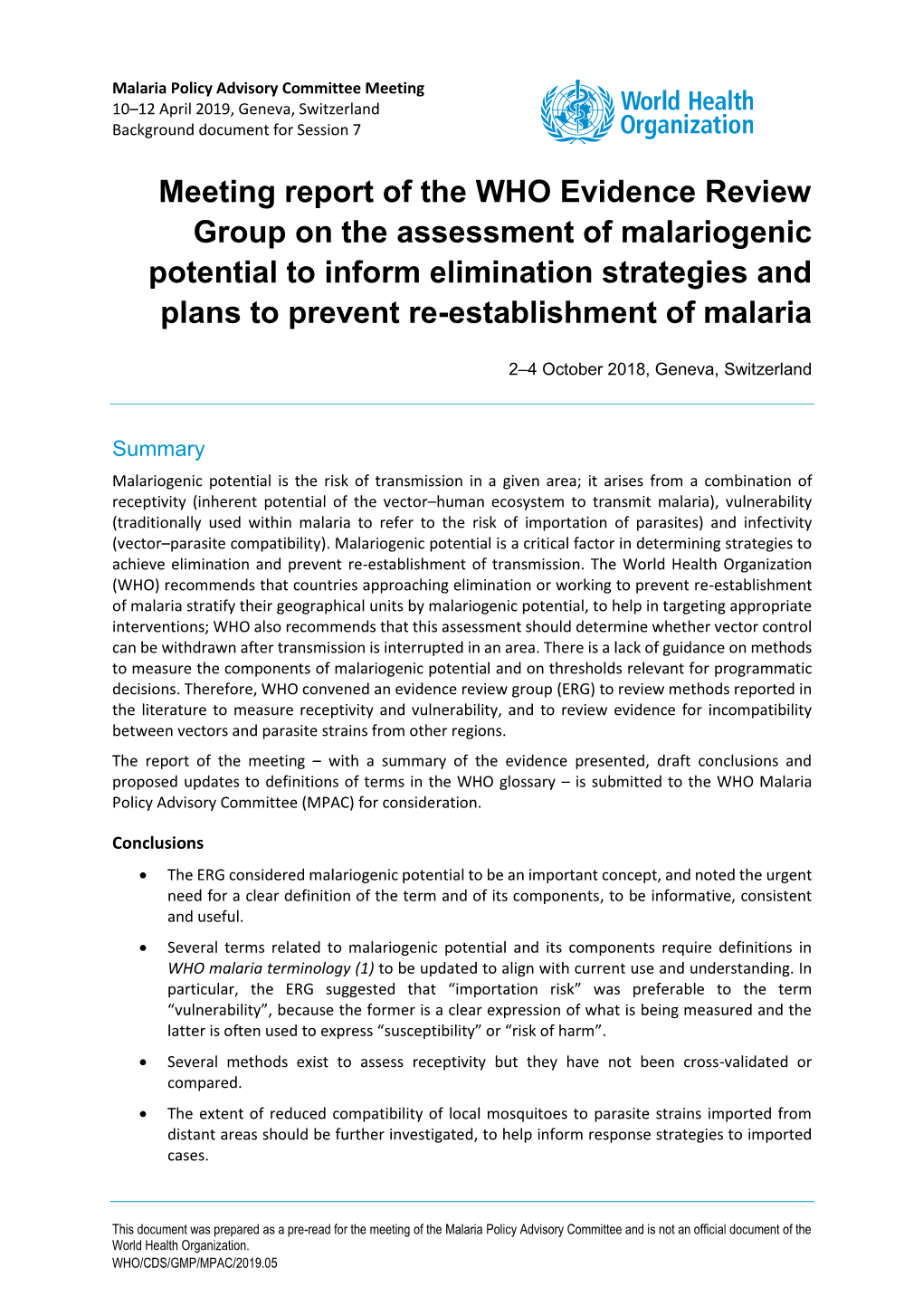 Meeting Report of the WHO Evidence Review Group on the Assessment