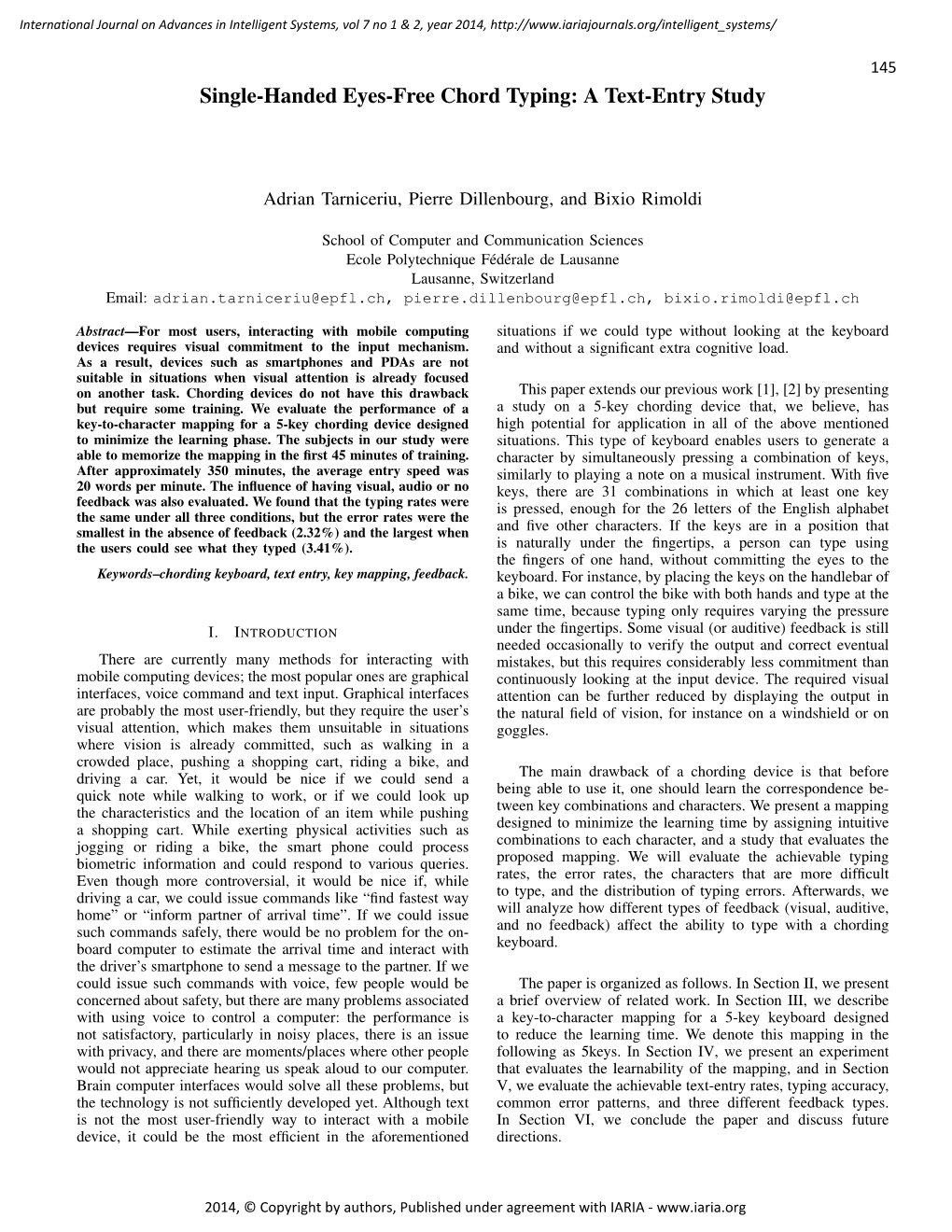 Single-Handed Eyes-Free Chord Typing: a Text-Entry Study