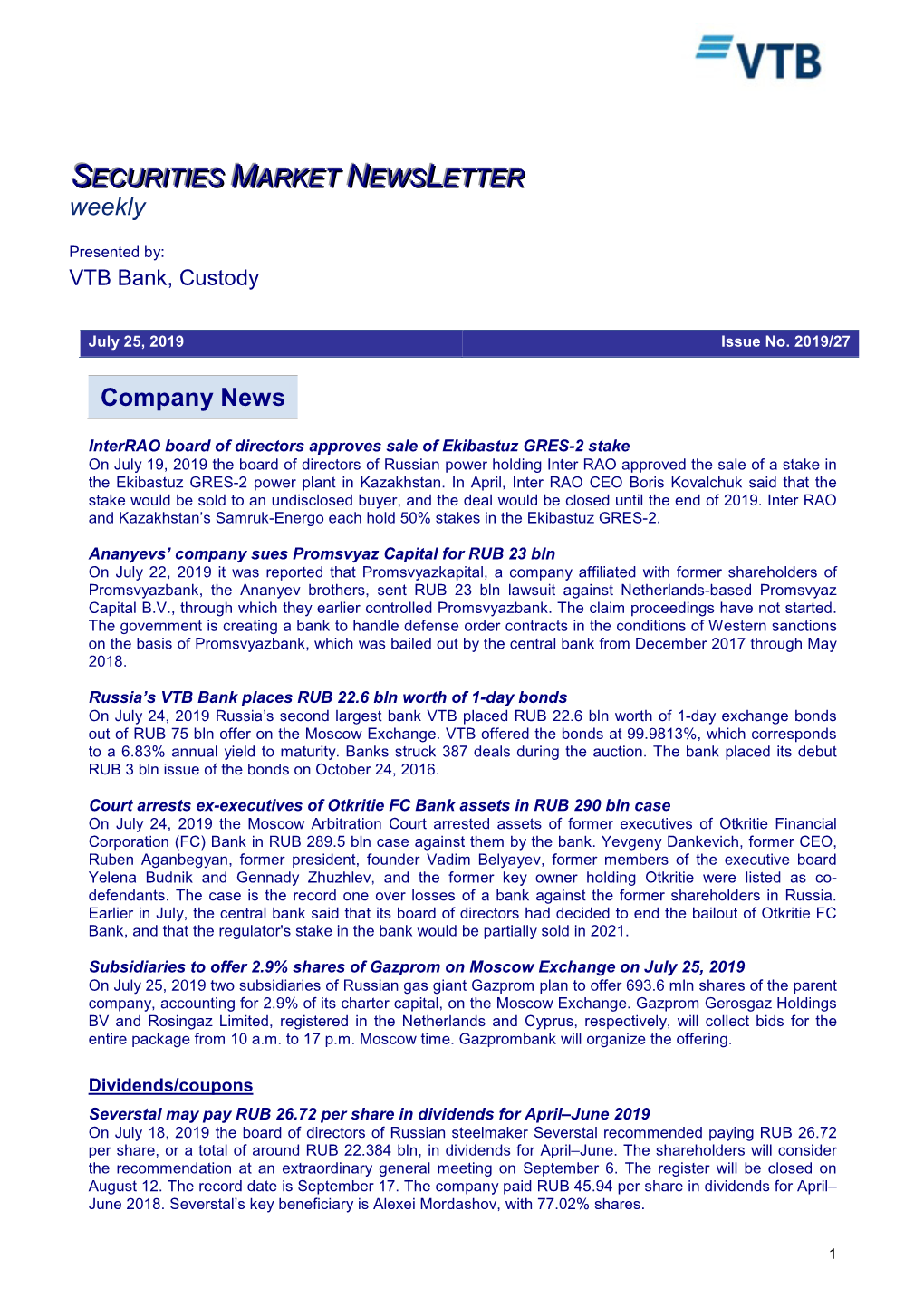 Company News SECURITIES MARKET NEWS LETTER Weekly