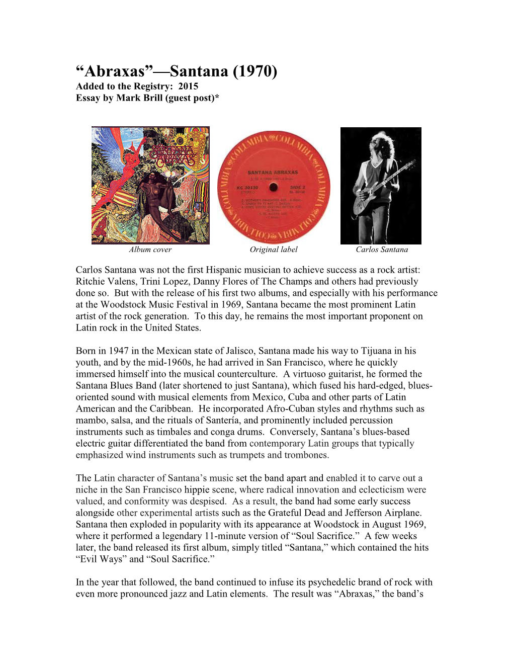 “Abraxas”—Santana (1970) Added to the Registry: 2015 Essay by Mark Brill (Guest Post)*