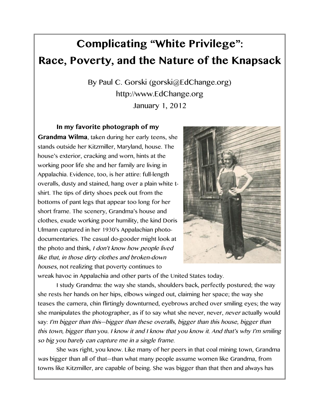 Complicating “White Privilege”: Race, Poverty, and the Nature of the Knapsack