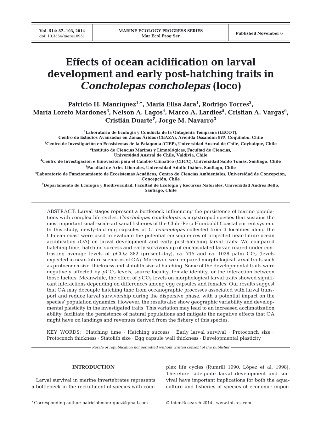 Effects of Ocean Acidification on Larval Development and Early Post-Hatching Traits in Concholepas Concholepas (Loco)