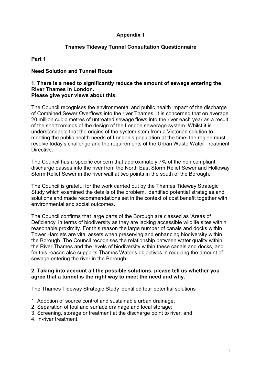 Appendix 1 Thames Tideway Tunnel Consultation Questionnaire Part 1