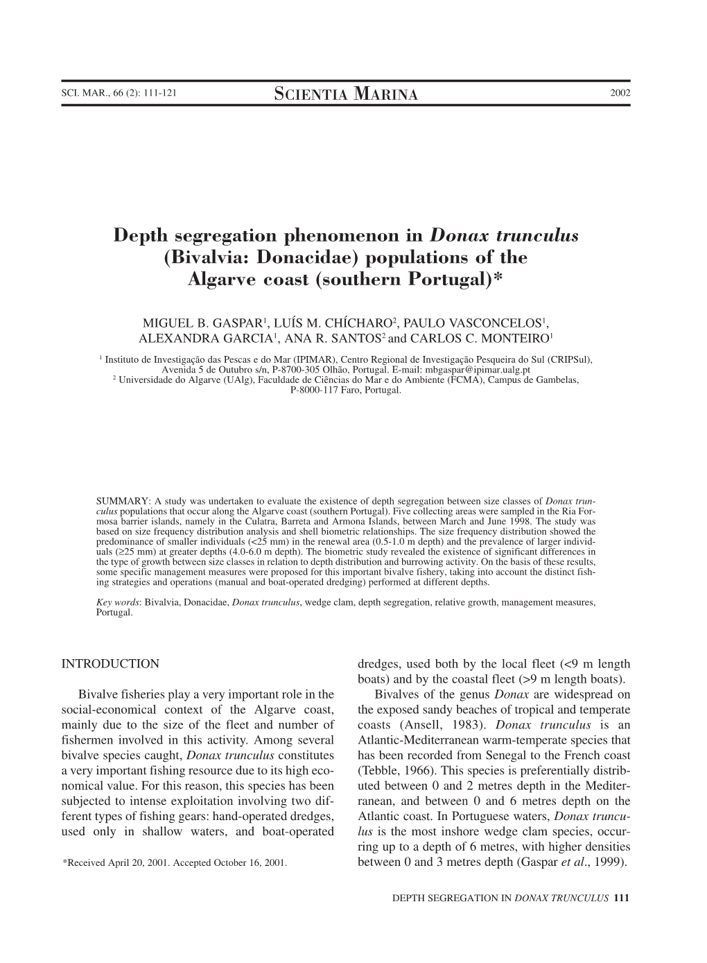 (Bivalvia: Donacidae) Populations of the Algarve Coast (Southern Portugal)*