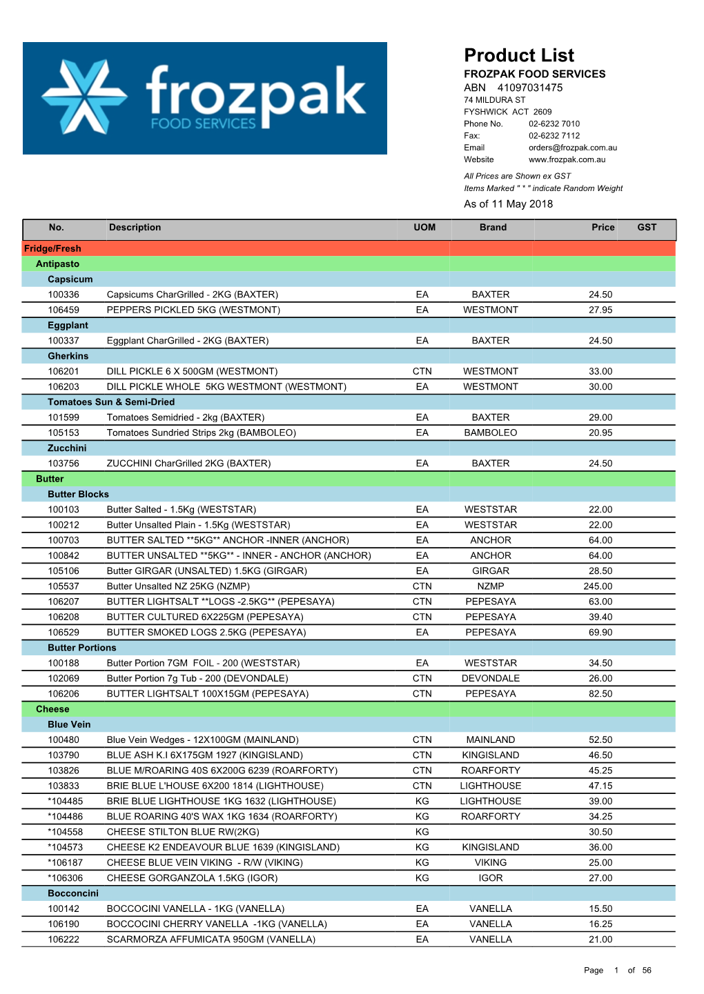 Product List FROZPAK FOOD SERVICES ABN 41097031475 74 MILDURA ST FYSHWICK ACT 2609 Phone No