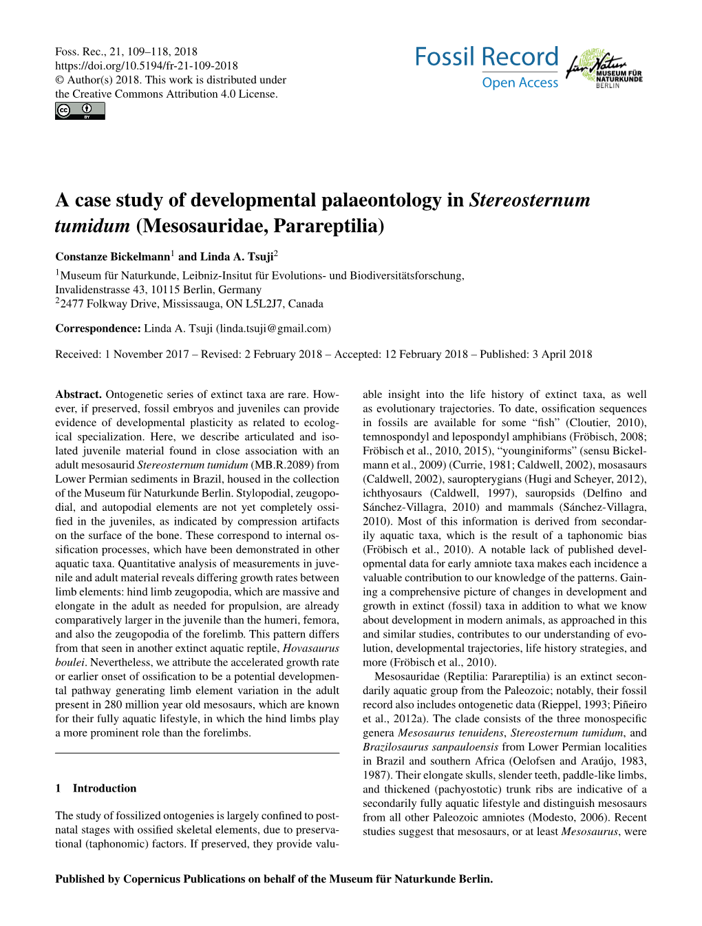 A Case Study of Developmental Palaeontology in Stereosternum Tumidum (Mesosauridae, Parareptilia)