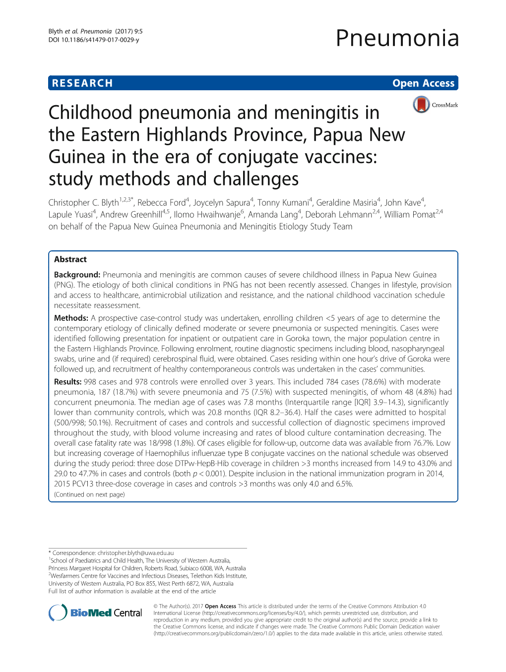 Childhood Pneumonia and Meningitis in the Eastern Highlands Province, Papua New Guinea in the Era of Conjugate Vaccines: Study Methods and Challenges Christopher C