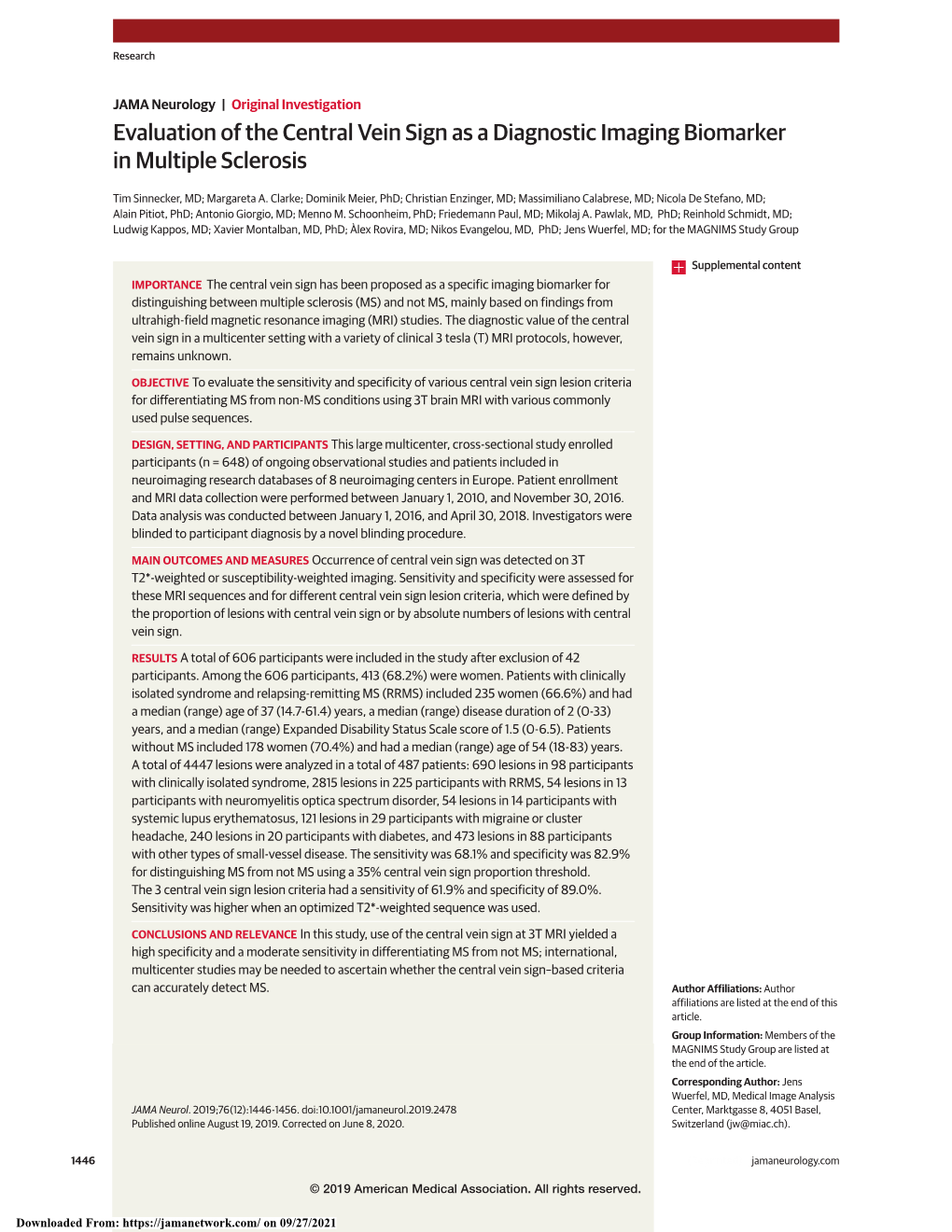 Evaluation of the Central Vein Sign As a Diagnostic Imaging Biomarker in Multiple Sclerosis