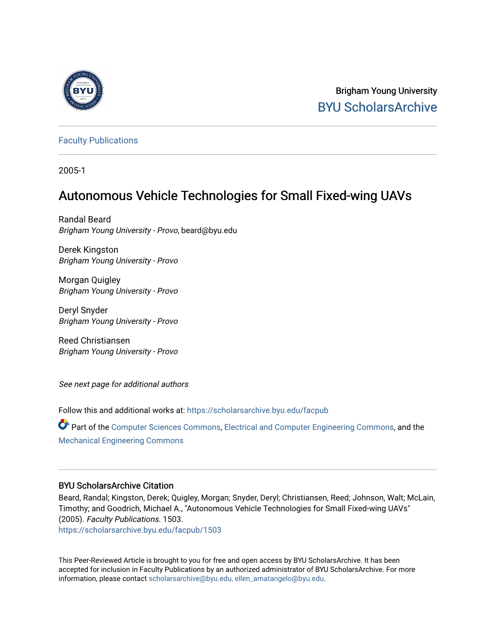 Autonomous Vehicle Technologies for Small Fixed-Wing Uavs