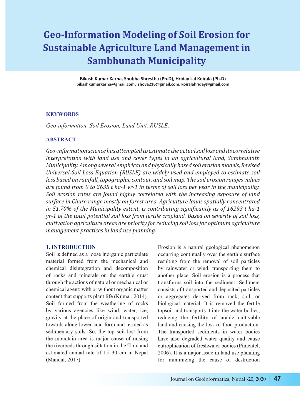 Geo-Information Modeling of Soil Erosion for Sustainable Agriculture Land Management in Sambhunath Municipality