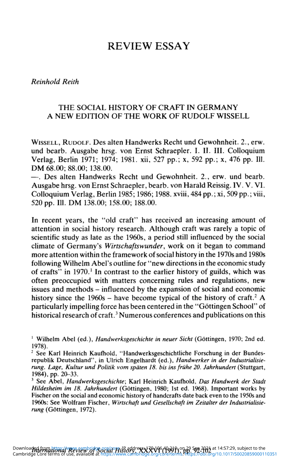 The Social History of Craft in Germany. a New Edition of the Work Of