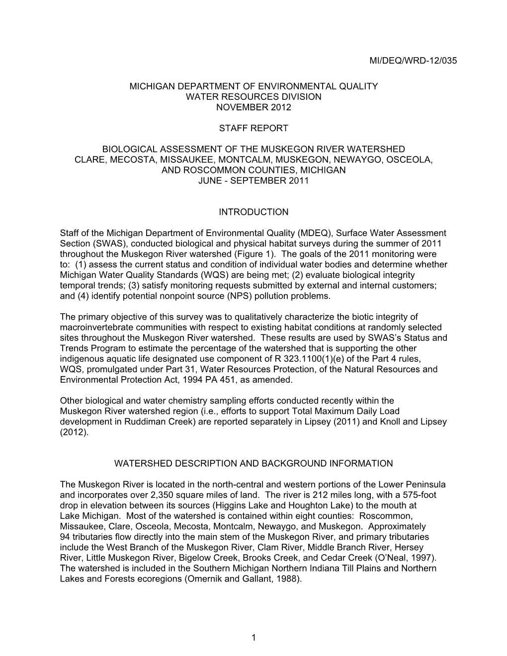 Michigan Department of Environmental Quality Water Resources Division November 2012 Staff Report Biological Assessment of the Mu