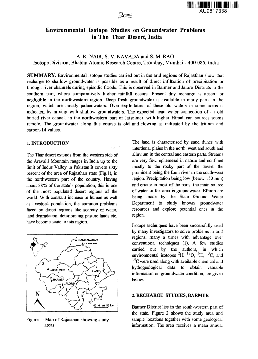 Environmental Isotope Studies on Groundwater Problems in the Thar Desert, India