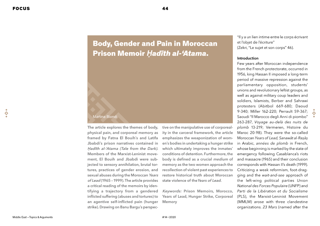 Body, Gender and Pain in Moroccan Prison Memoir Ḥadīth Al