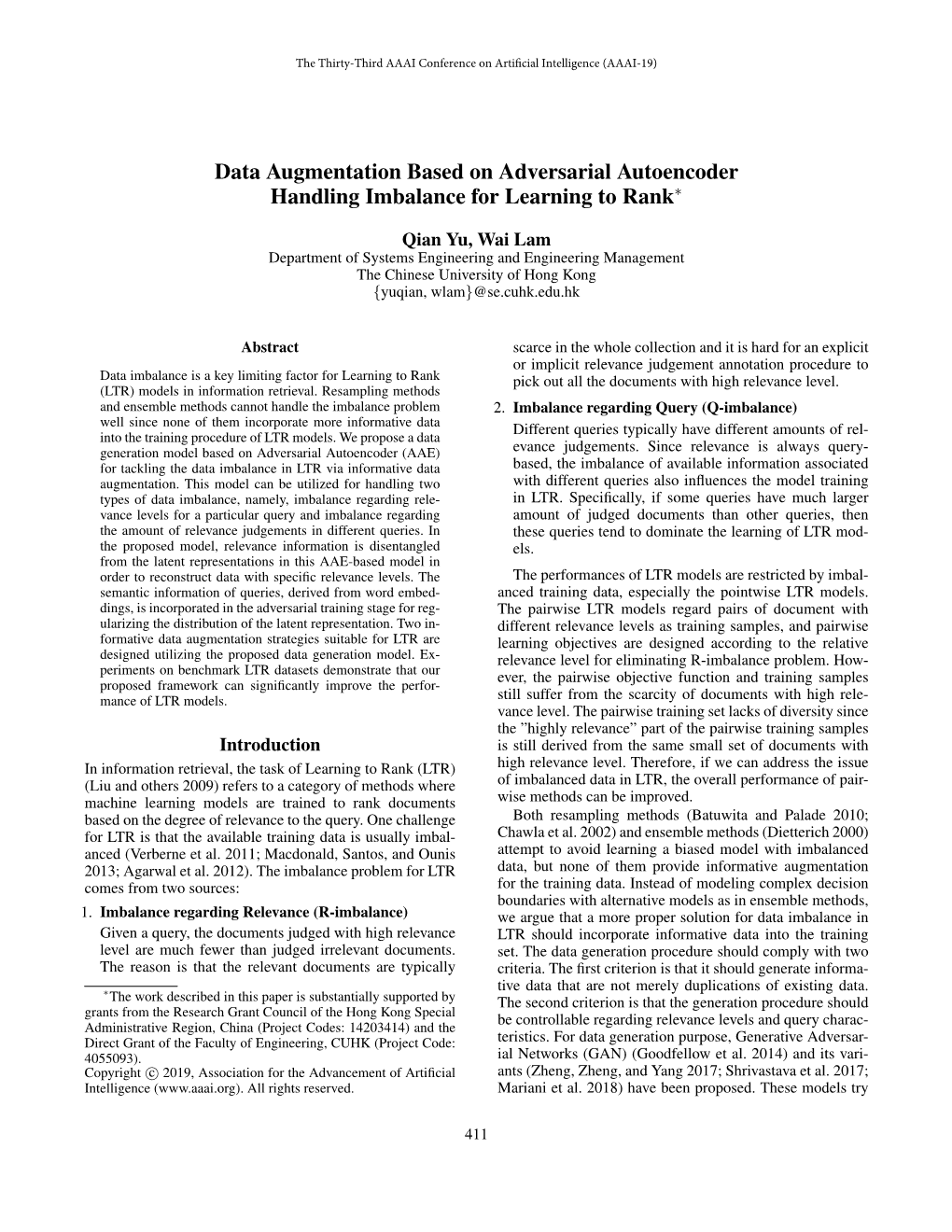 Data Augmentation Based on Adversarial Autoencoder Handling Imbalance for Learning to Rank∗