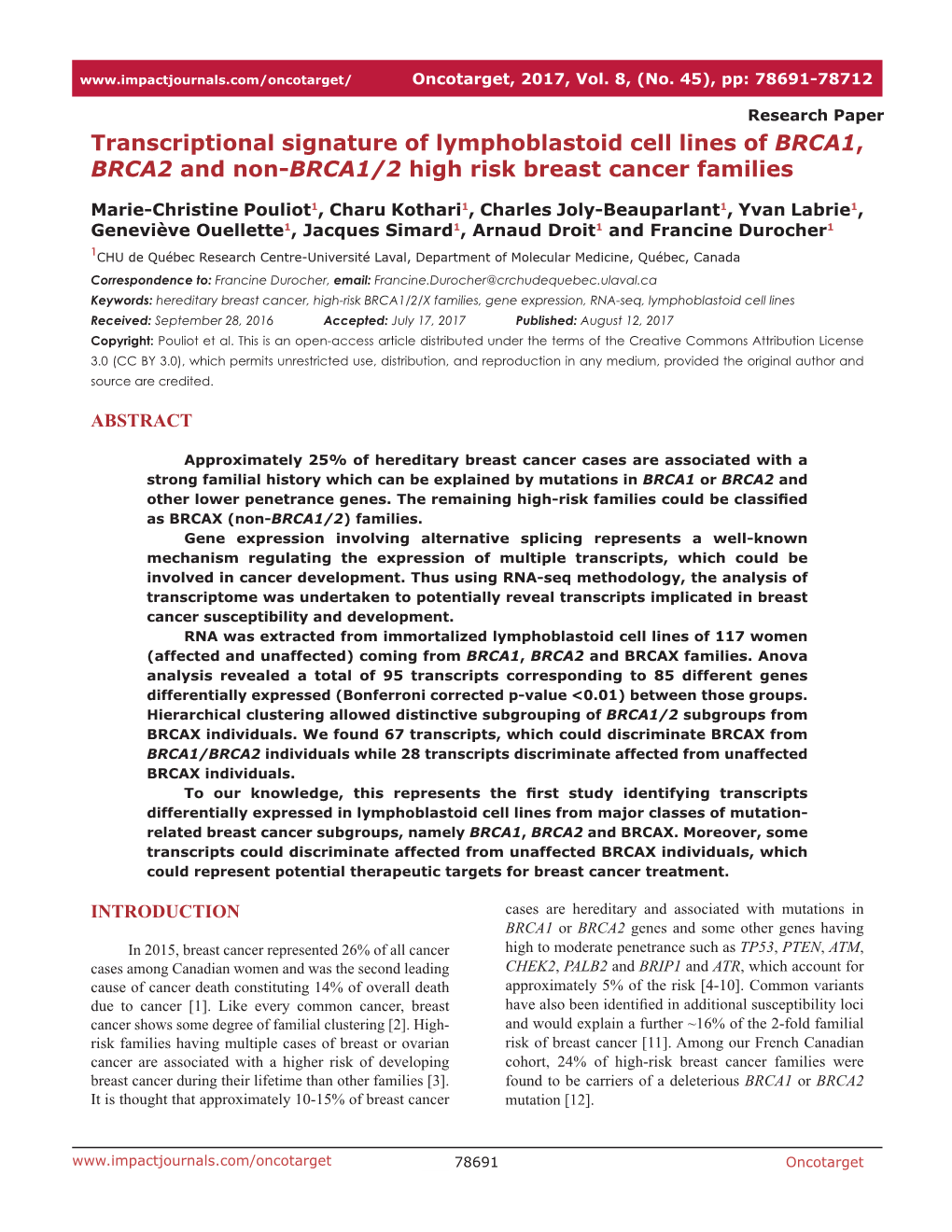 Transcriptional Signature of Lymphoblastoid Cell Lines of BRCA1, BRCA2 and Non-BRCA1/2 High Risk Breast Cancer Families