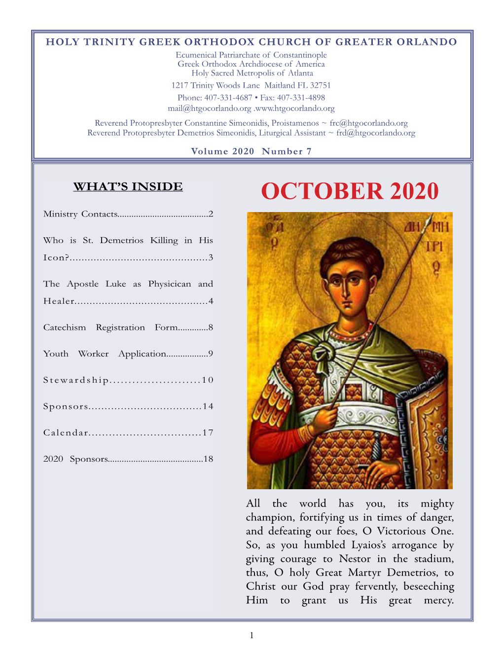 OCTOBER 2020 Ministry Contacts