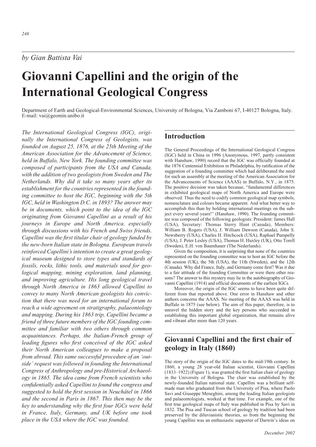 Giovanni Capellini and the Origin of the International Geological Congress