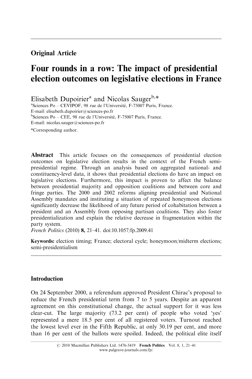 The Impact of Presidential Election Outcomes on Legislative Elections in France