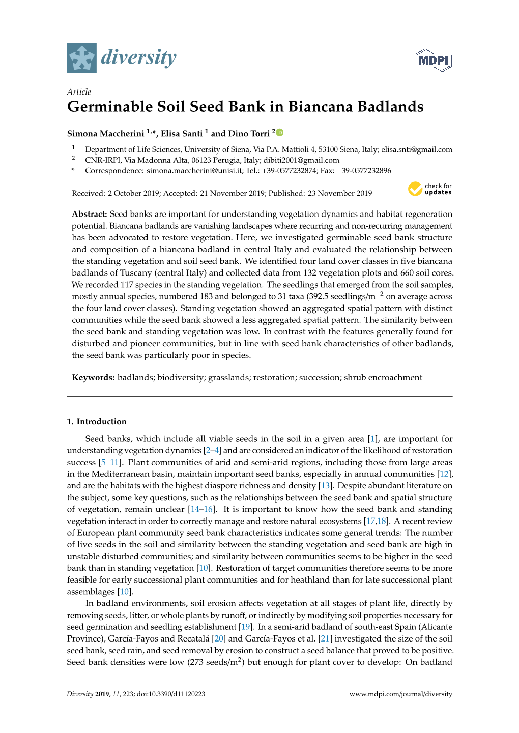 Germinable Soil Seed Bank in Biancana Badlands