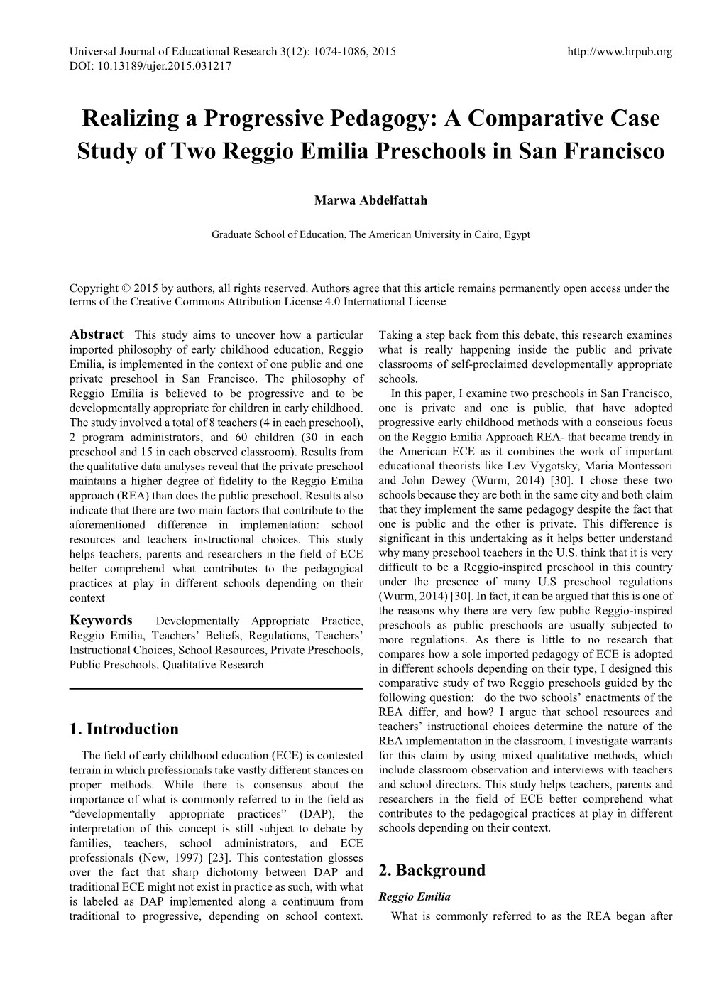 A Comparative Case Study of Two Reggio Emilia Preschools in San Francisco