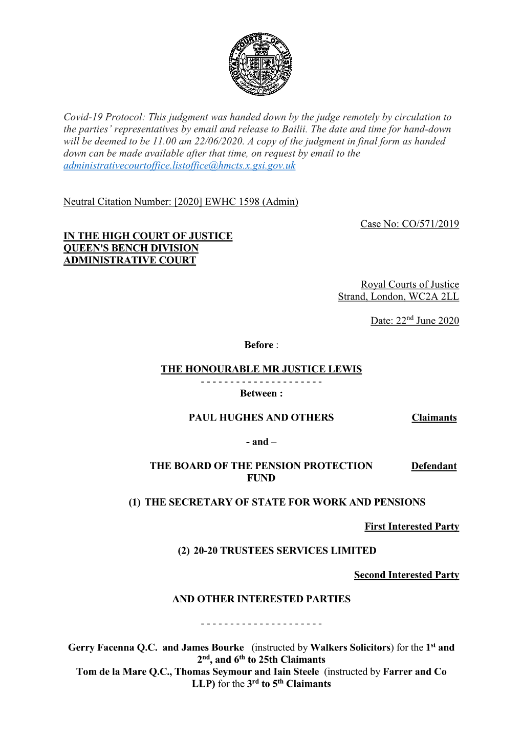Hughes -V- Pension Protection Fund Judgment