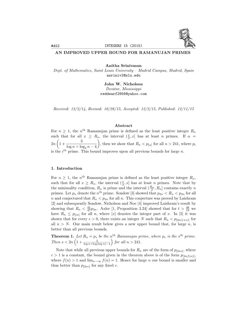 Anitha Srinivasan Dept. of Mathematics, Saint Louis University – Madrid Campus, Madrid, Spain Asriniv2@Slu.Edu