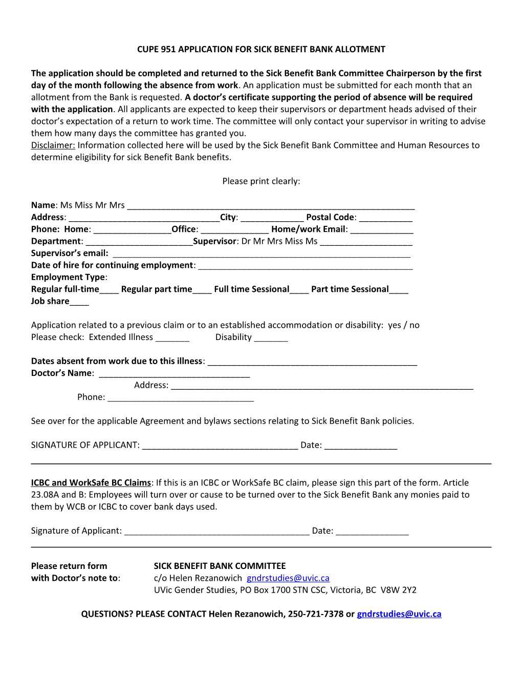 Cupe 951 Application for Sick Benefit Bank Allotment