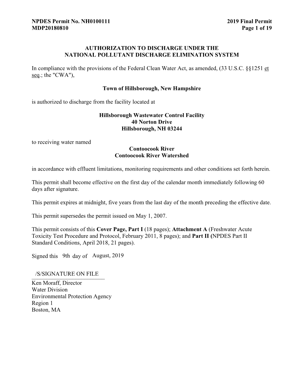 NH0100111 2019 Final Permit MDP20180810 Page 1 of 19