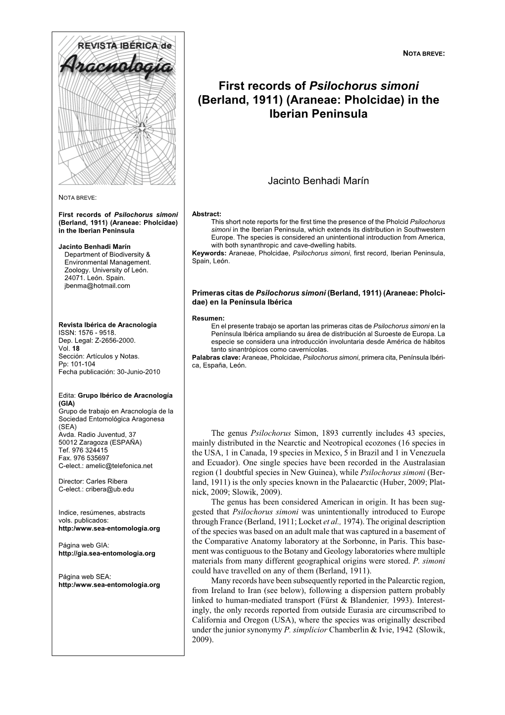 First Records of Psilochorus Simoni (Berland, 1911) (Araneae: Pholcidae) in the Iberian Peninsula