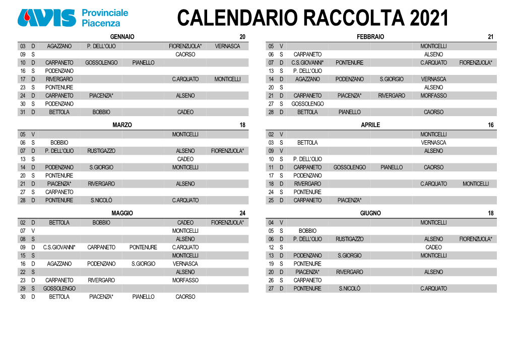 Calendario Donazioni 2021