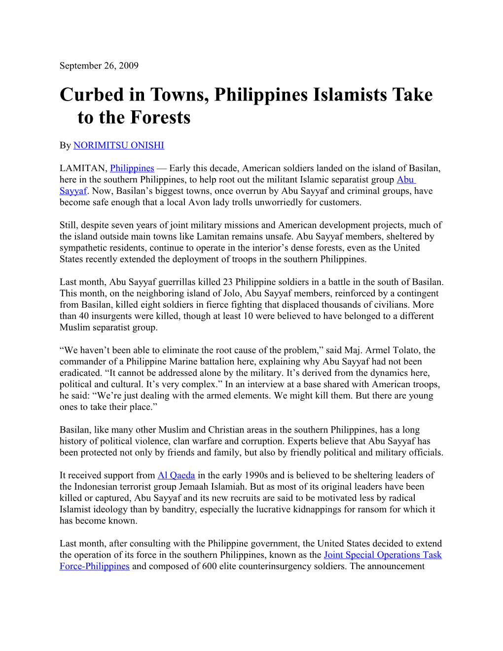 Curbed in Towns, Philippines Islamists Take to the Forests